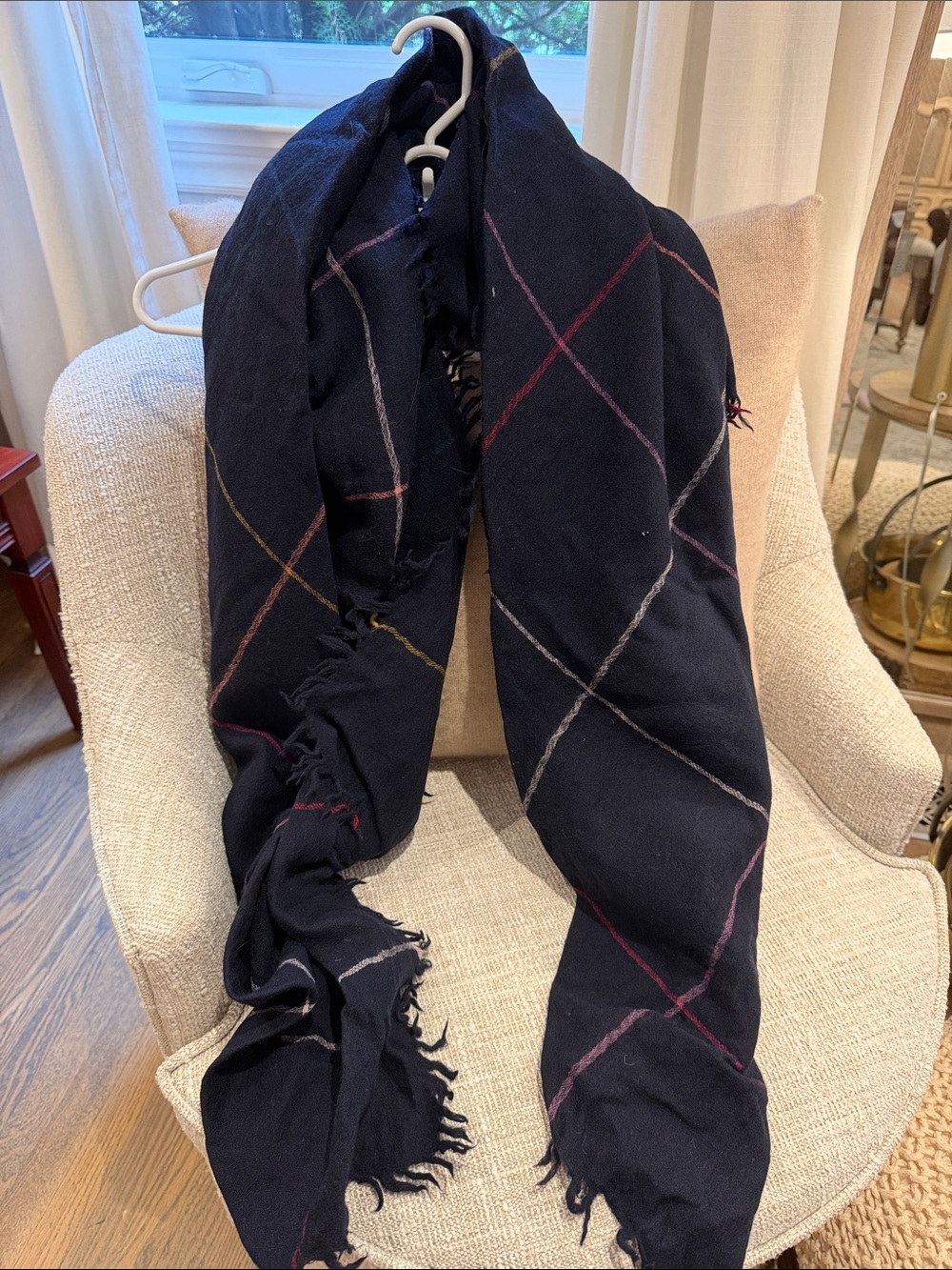 Wilfred Navy Plaid Fringe Scarf